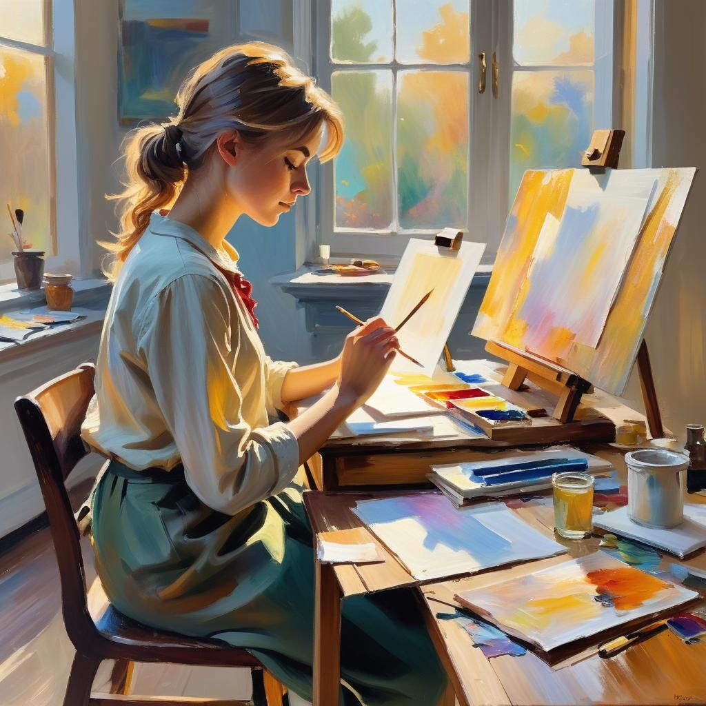 Impressionist Artist Contemplates Canvas in Golden Light