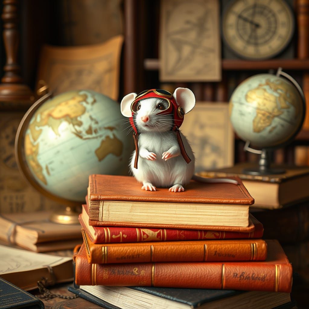 Mouse in Aviator Helmet Surveys Vintage Library