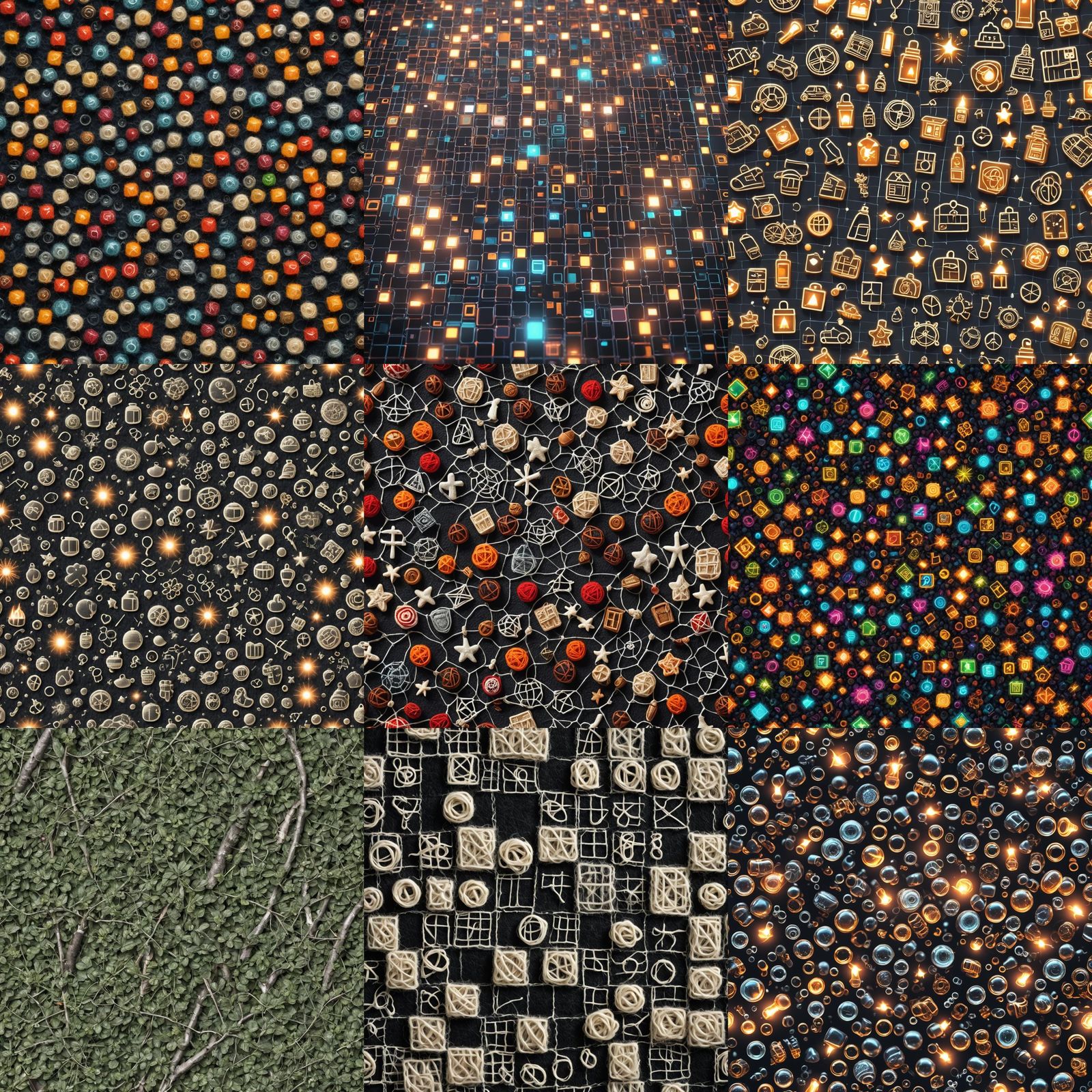 Icons in Realistic Glowing Grid Pattern