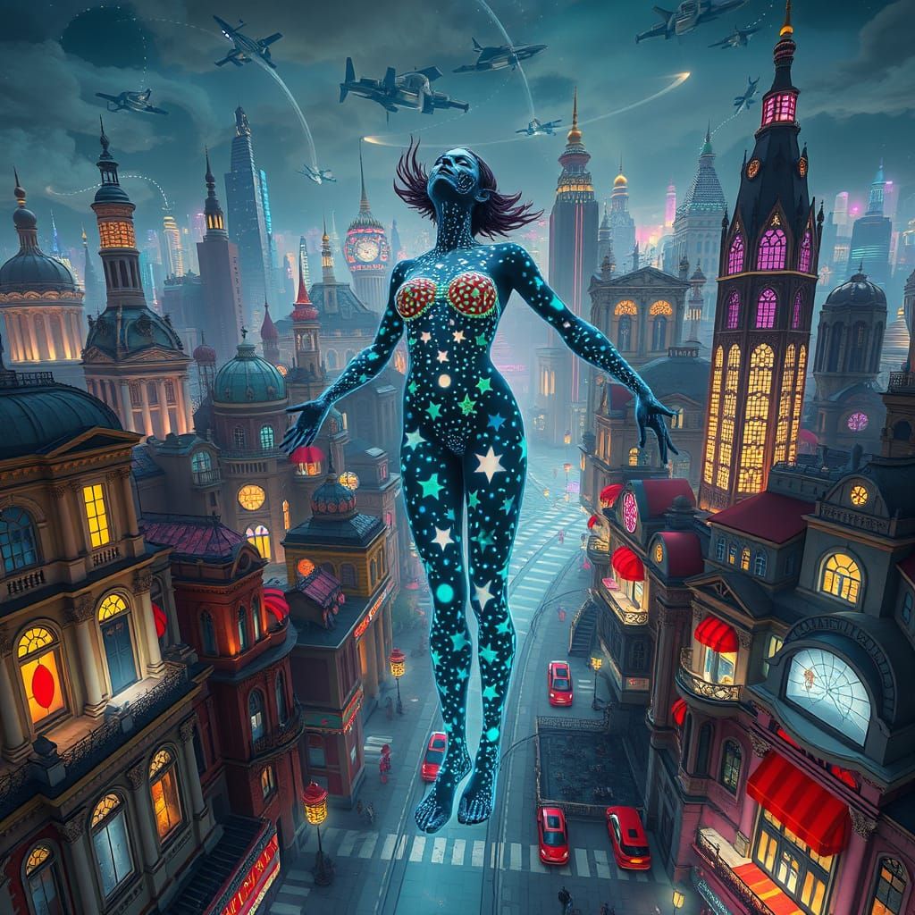 Surreal Cityscape with Floating Bioluminescent Patterns