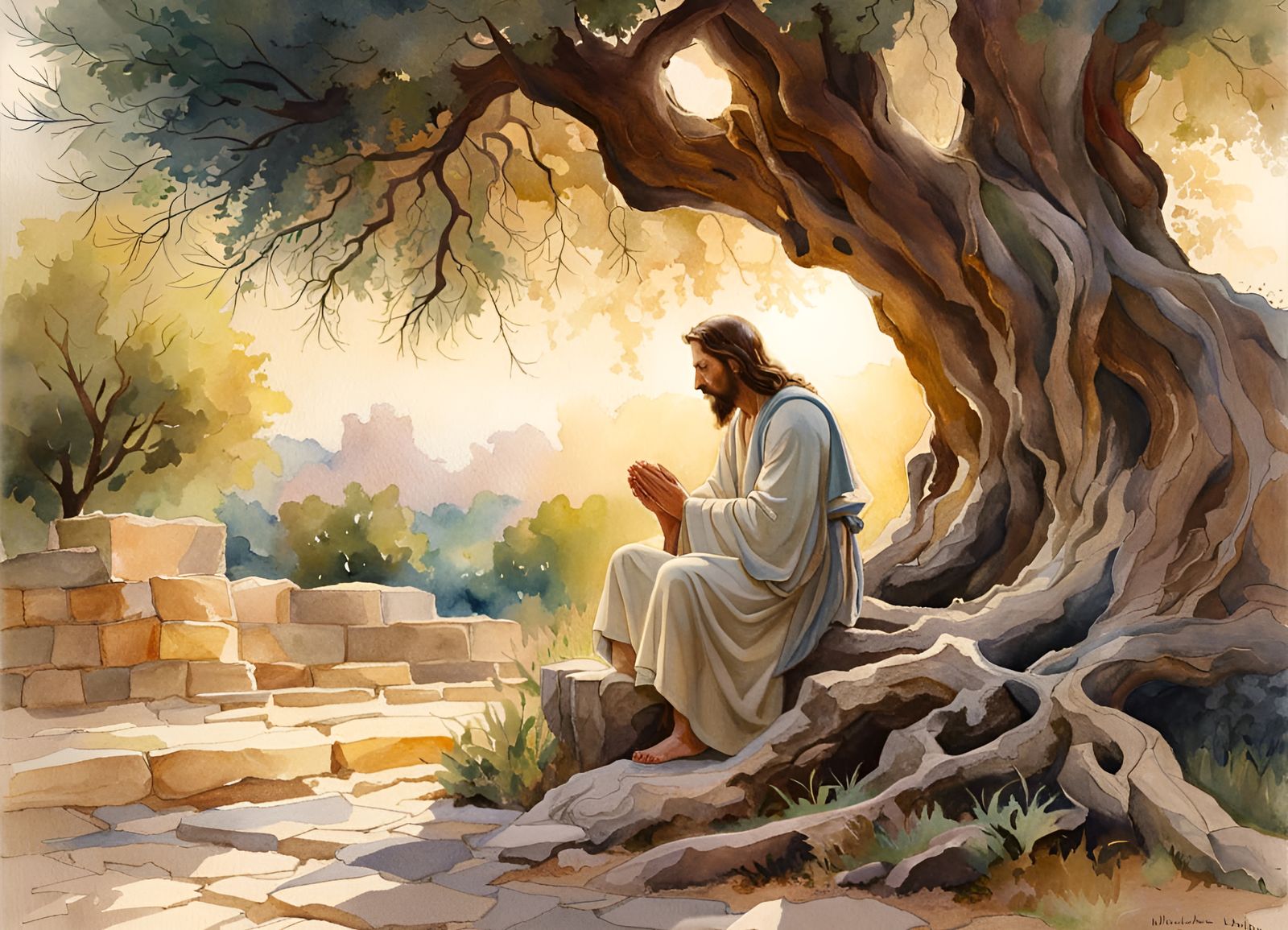 Jesus Praying in Gethsemane: Watercolor Splash Art