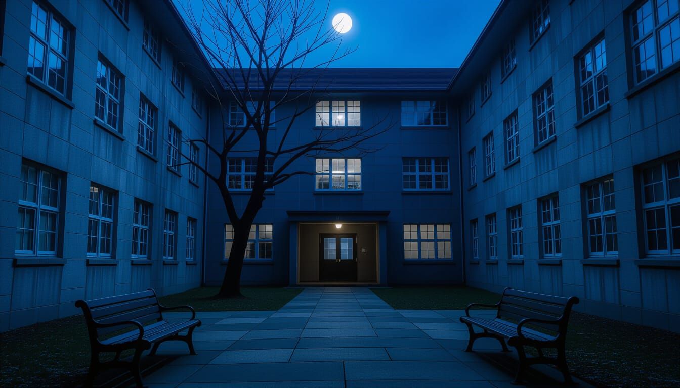 Gloomy School Courtyard at Night in Cinematic Style