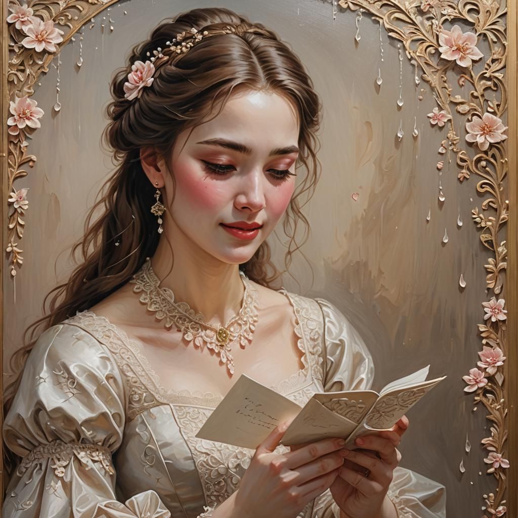 Joyful Woman Reading Love Letter: An Oil Painting