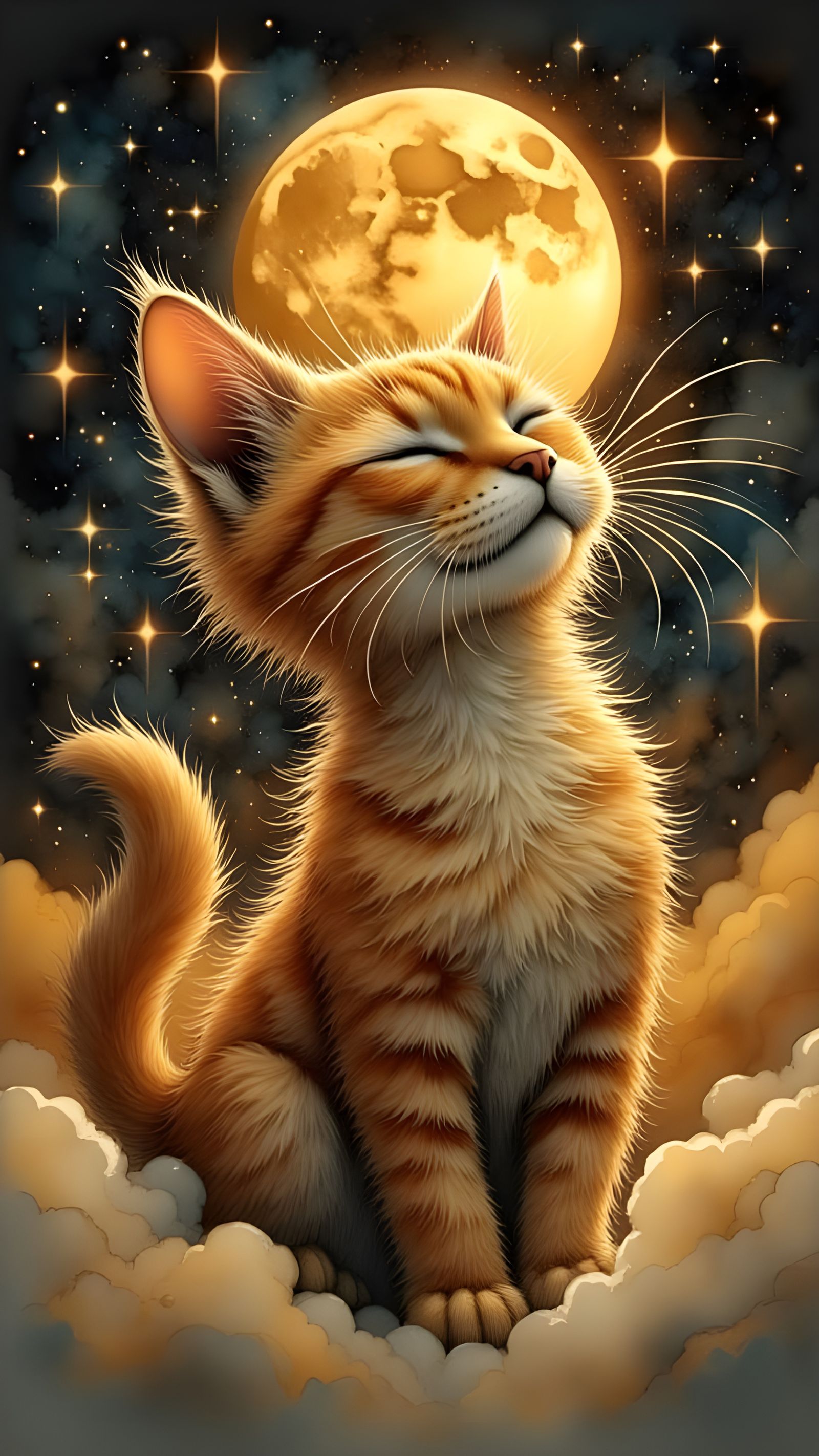 Whimsical Orange Tabby Cat Amidst Golden Clouds and Full Moo...