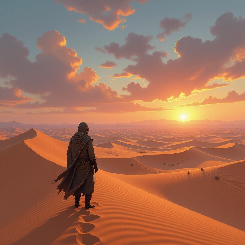 Majestic Desert Landscape with Lone Traveler, Ethereal Art