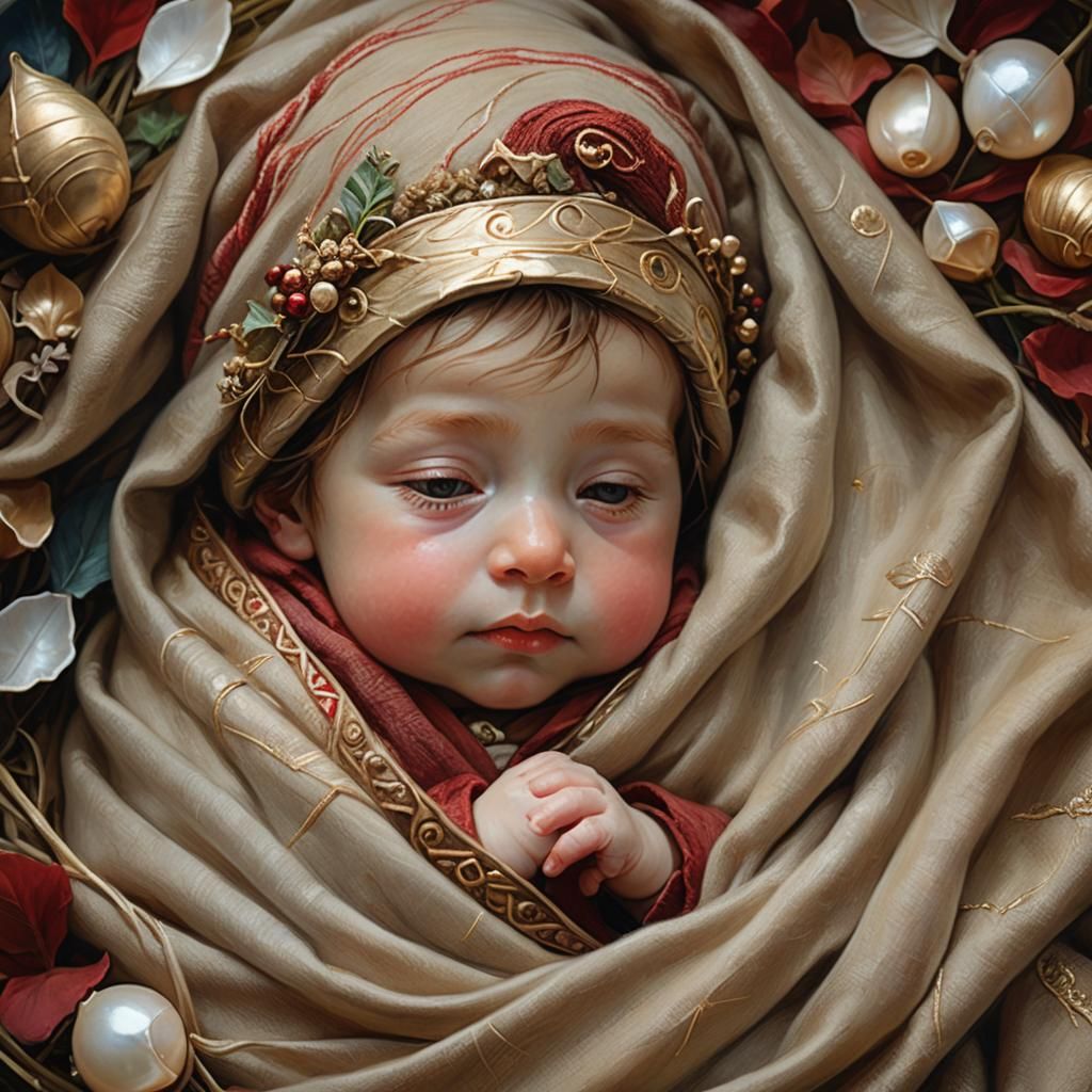 Newborn Gnome Sleeping in Shell, Whimsical Oil Painting