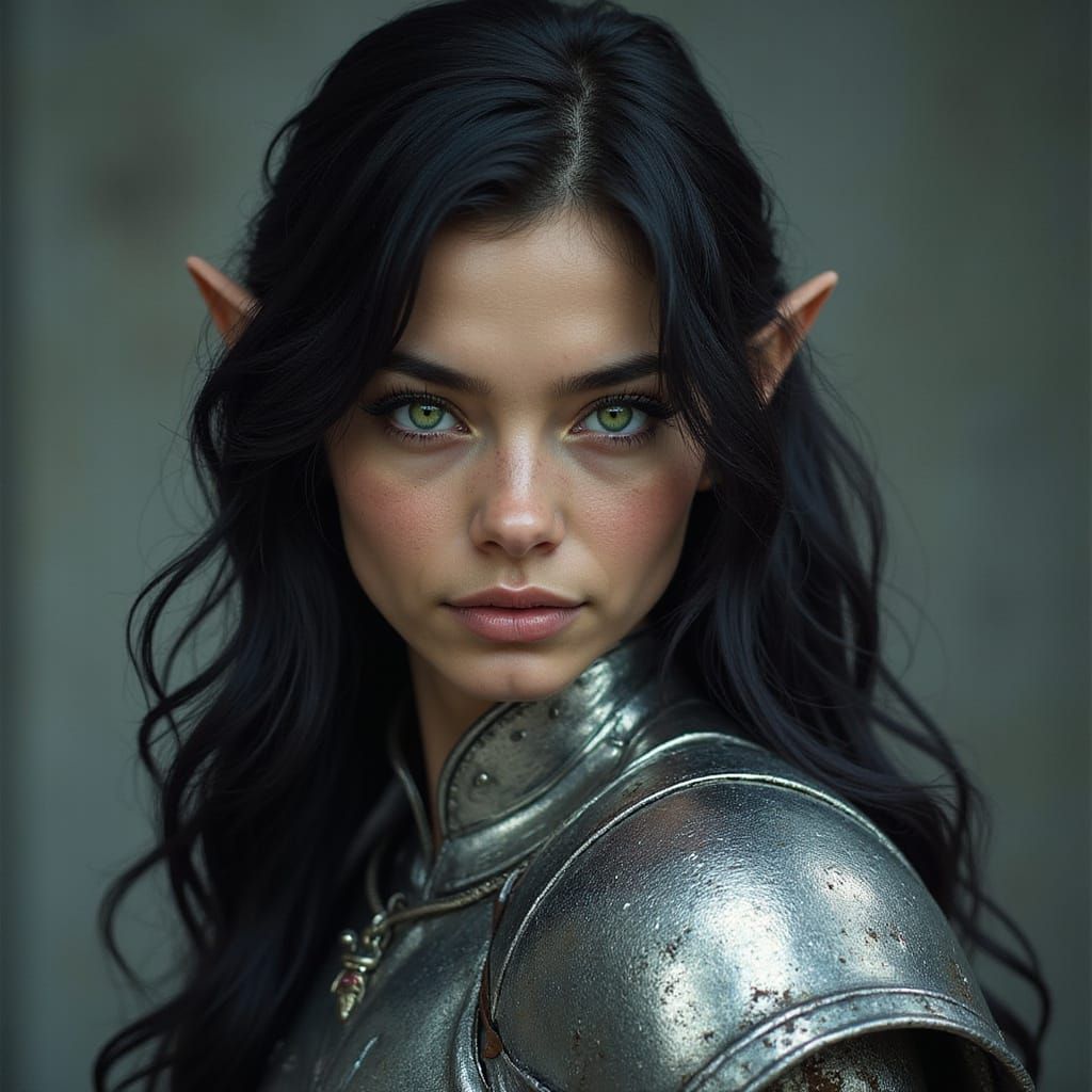 Realistic Elf Portrait in Shimmering Silver Armor