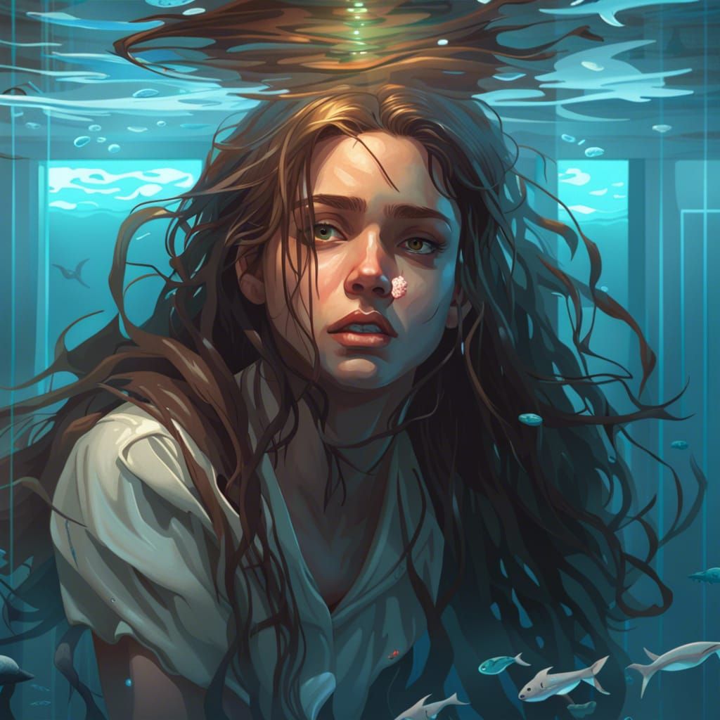 Underwater Hospital Room: Drowning Girl in Dreamlike Art