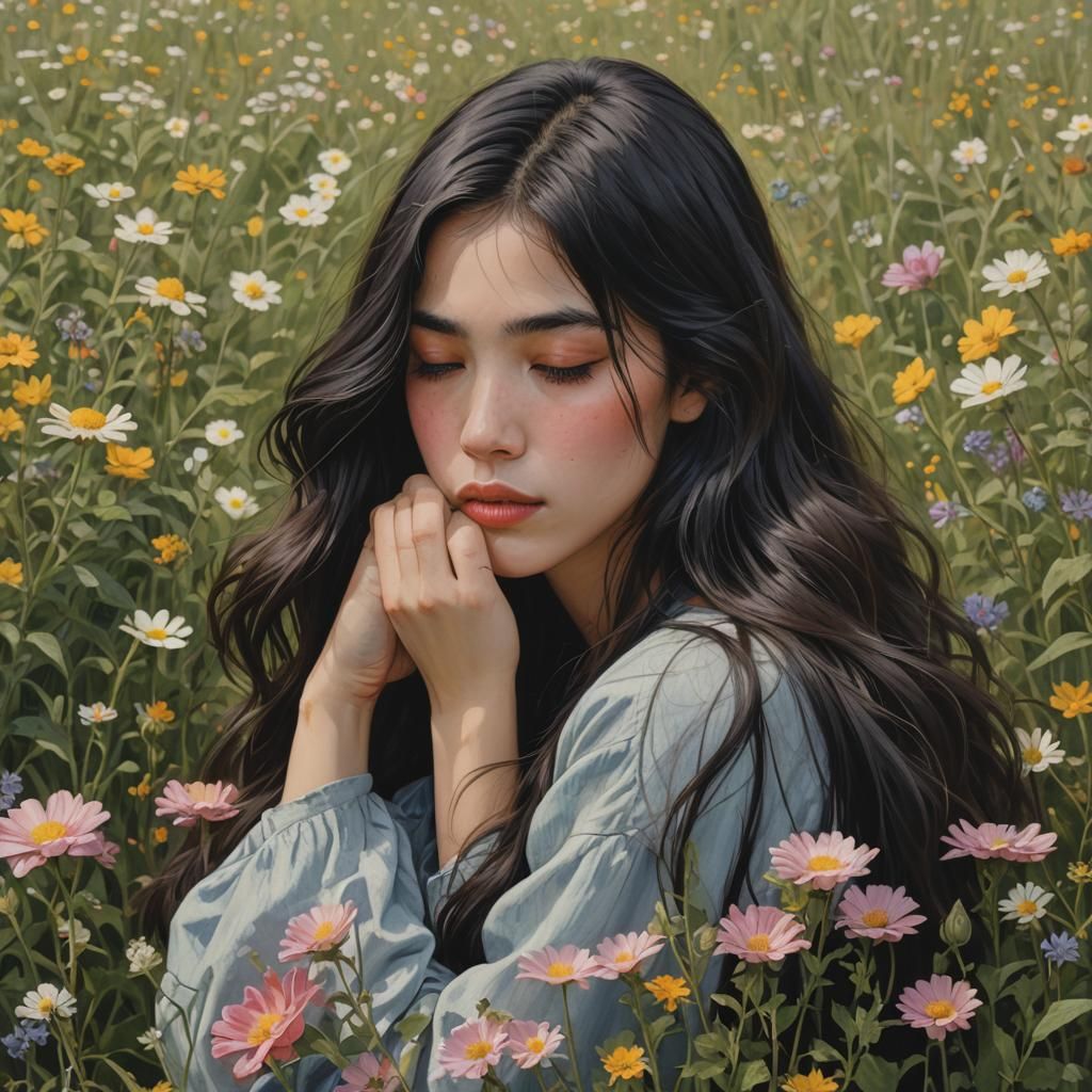 Woman Resting in Field of Flowers