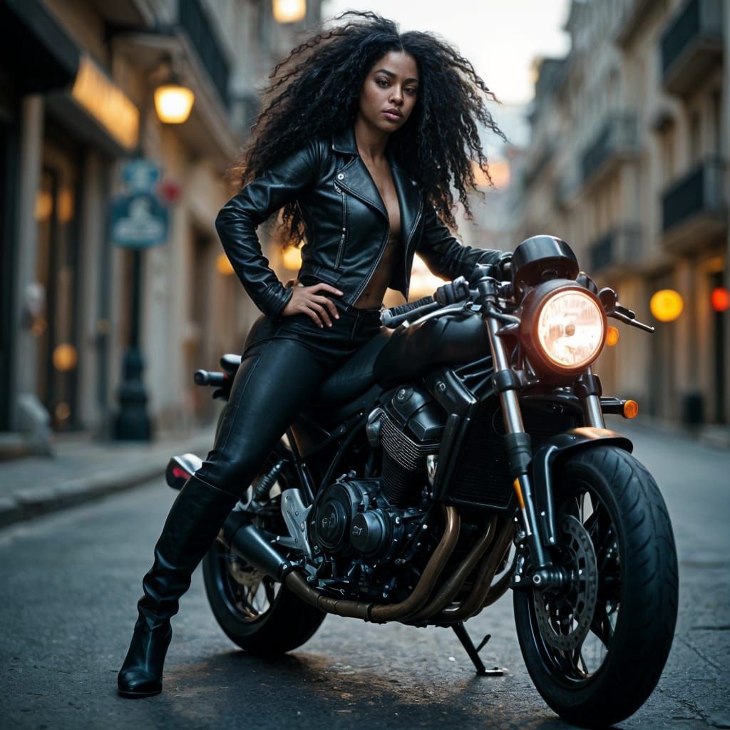 Dramatic Woman with Motorcycle in Hyper-Realistic Photo