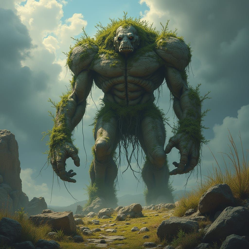 Moss-Adorned Rock Golem Against Stormy Sky