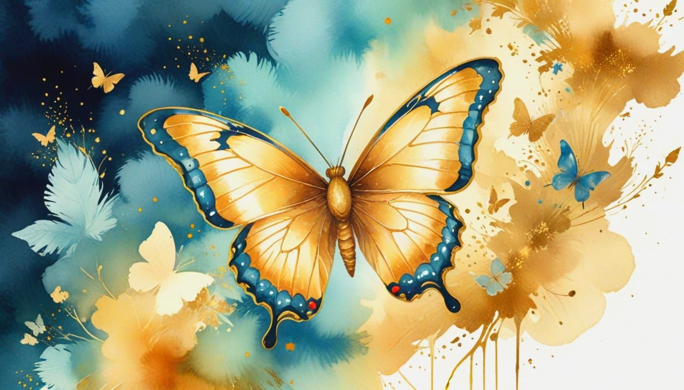 Whimsical Butterfly Kidcore Poster Art with Gold Border