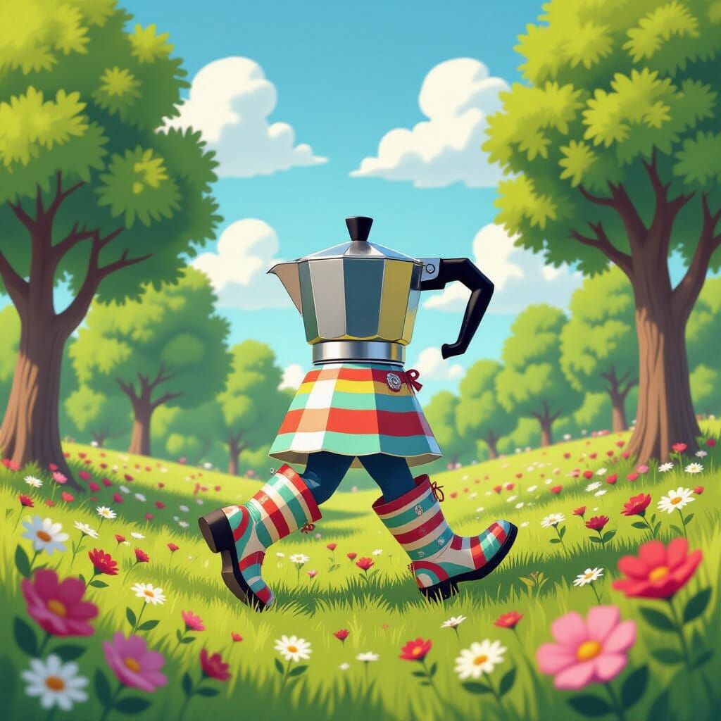 Coffee Pot Runs Through Park in Logo Style