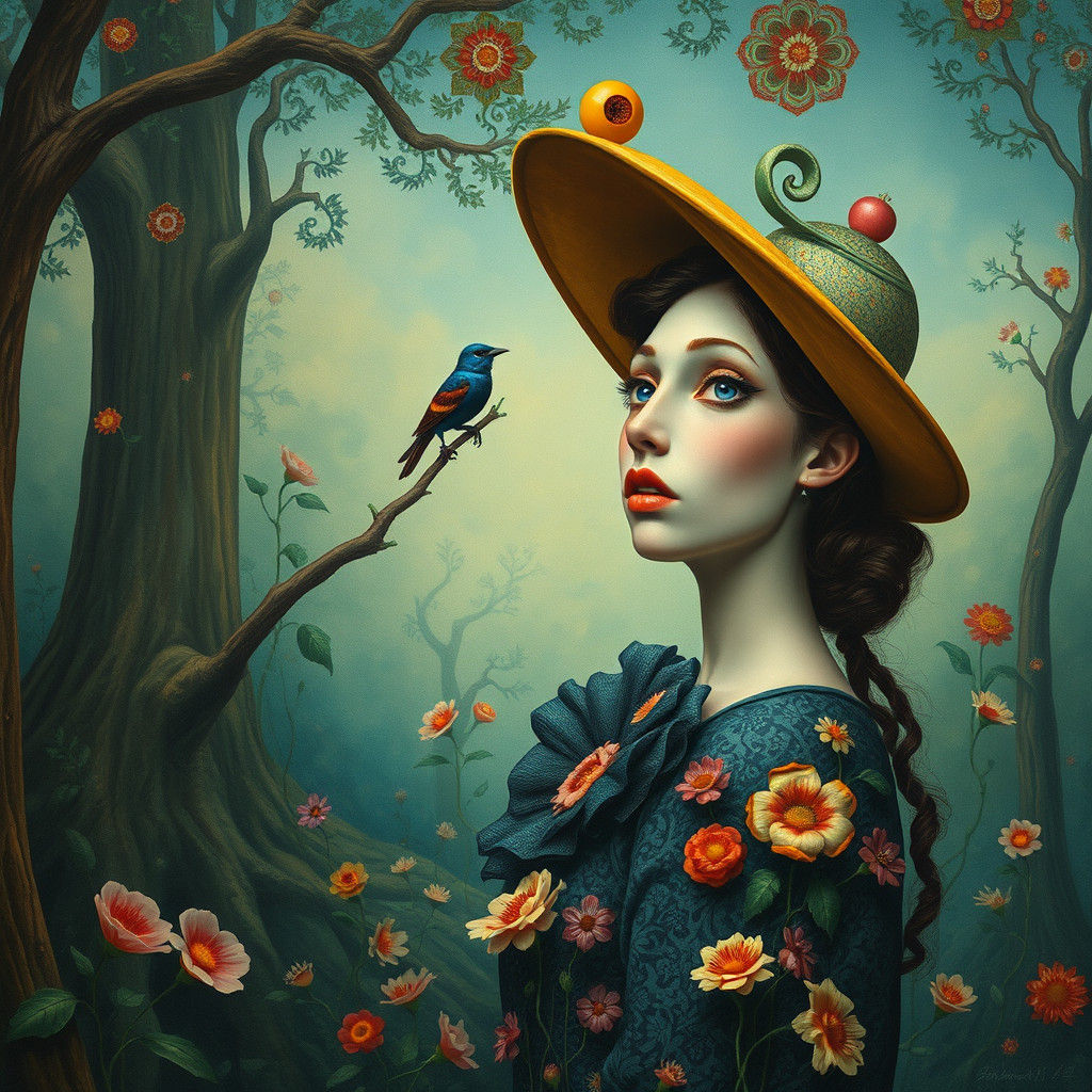 Surrealist Woman in Forest with Open Mouth Hat