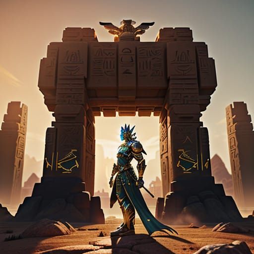 Epic Warrior in Majestic SCARAB Armor Amidst Ancient Desert....