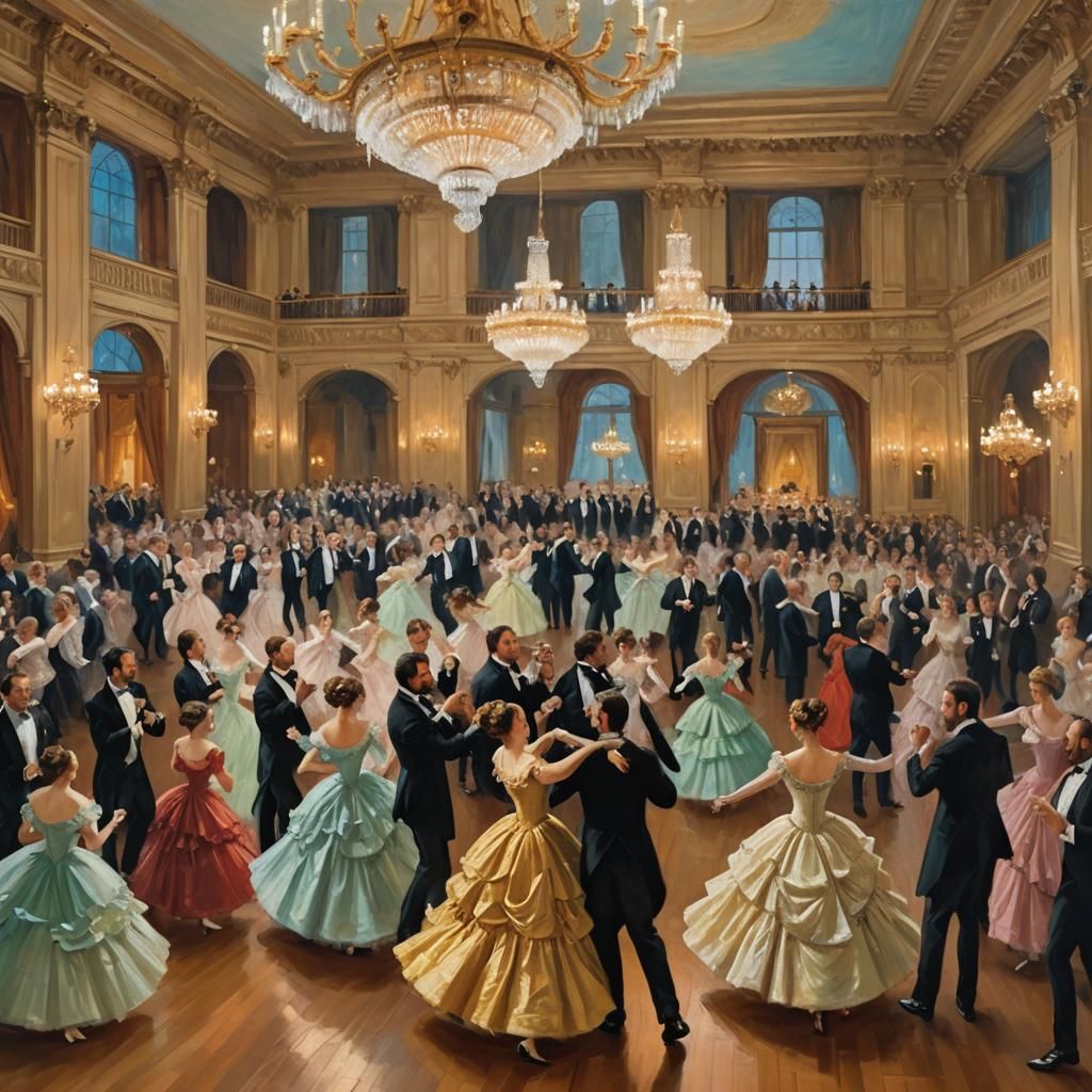 Impressionist Ballroom Dancing Scene with Golden Lighting