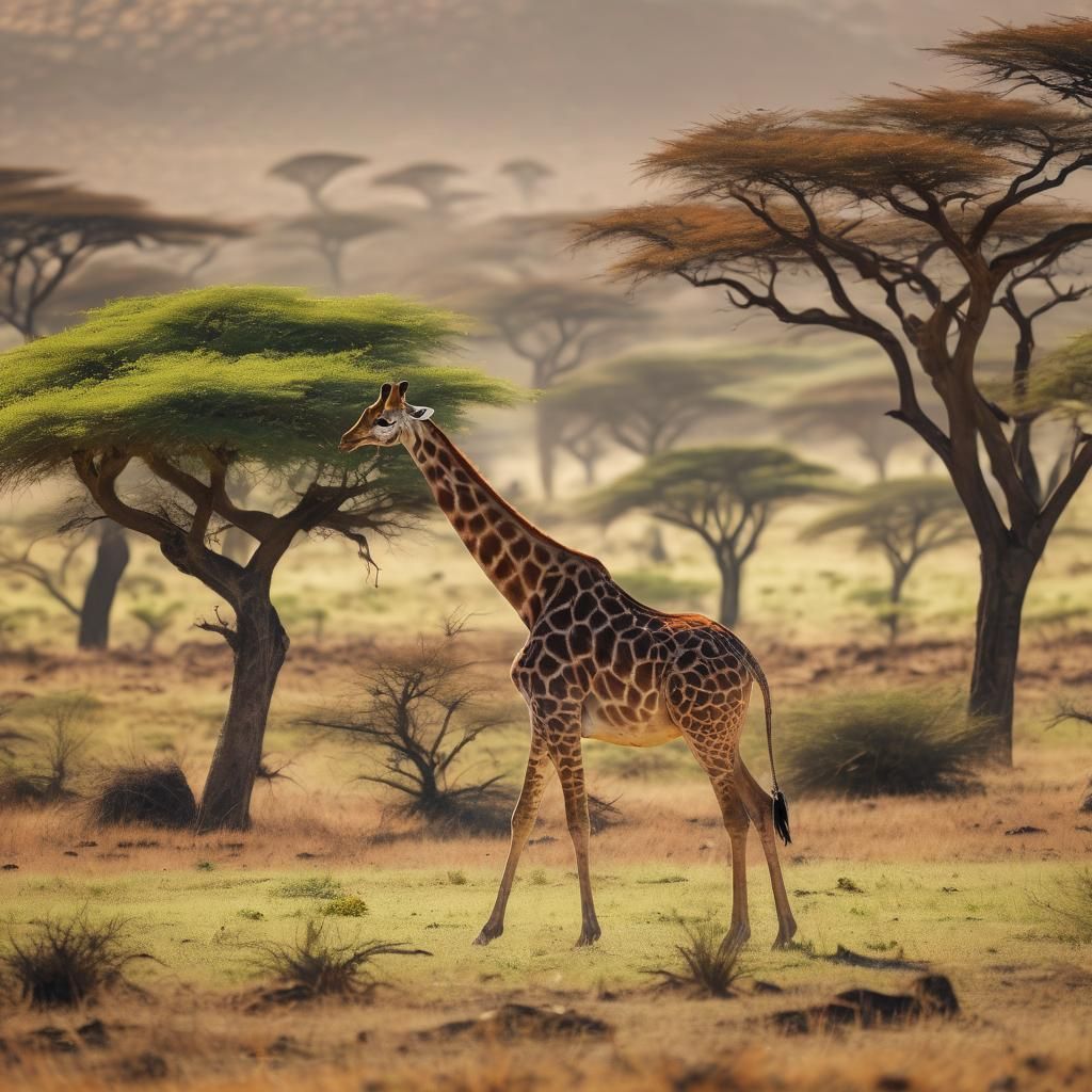 Giraffe in Serene African Savannah Landscape