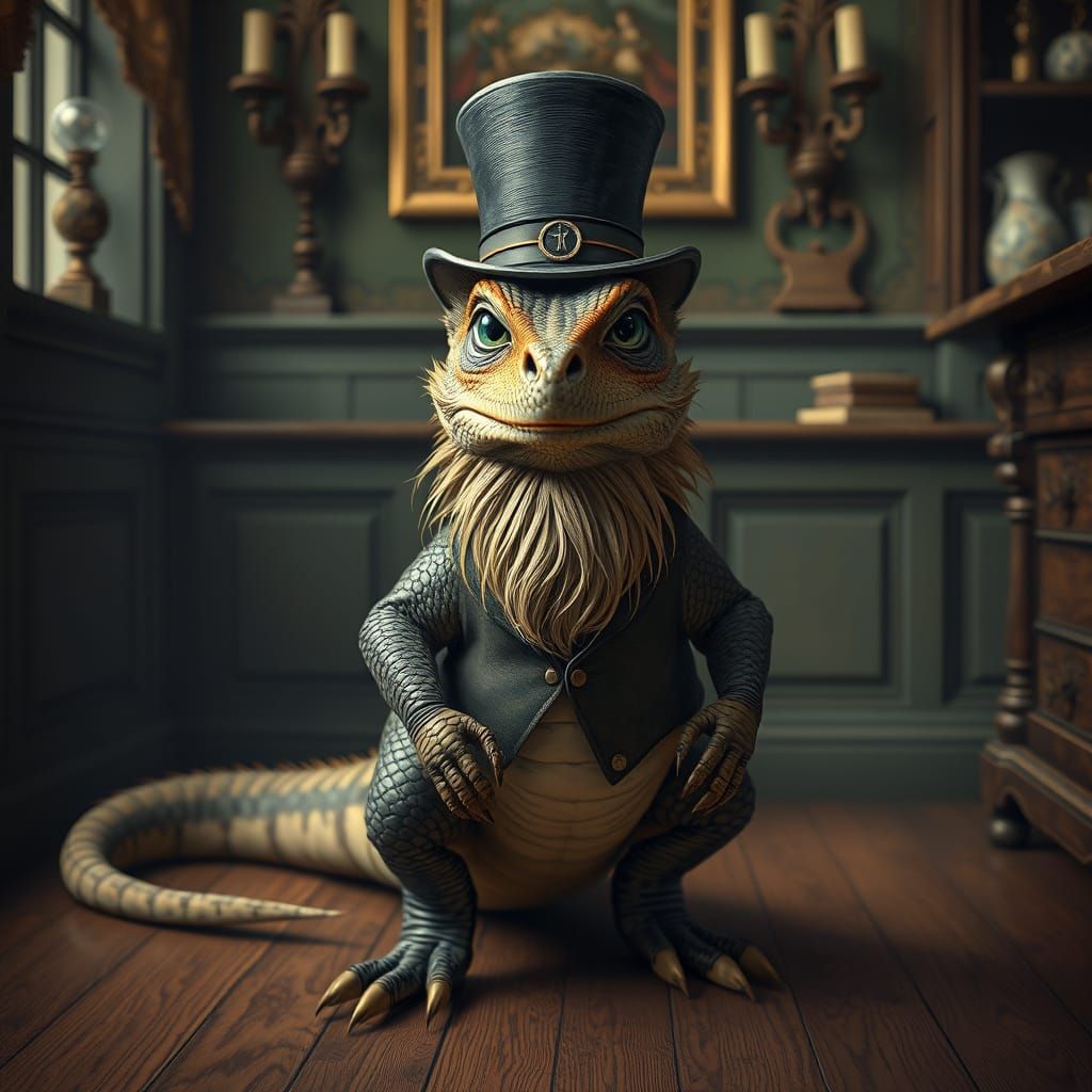 Bearded Dragon in Top Hat, Fantastical Realism