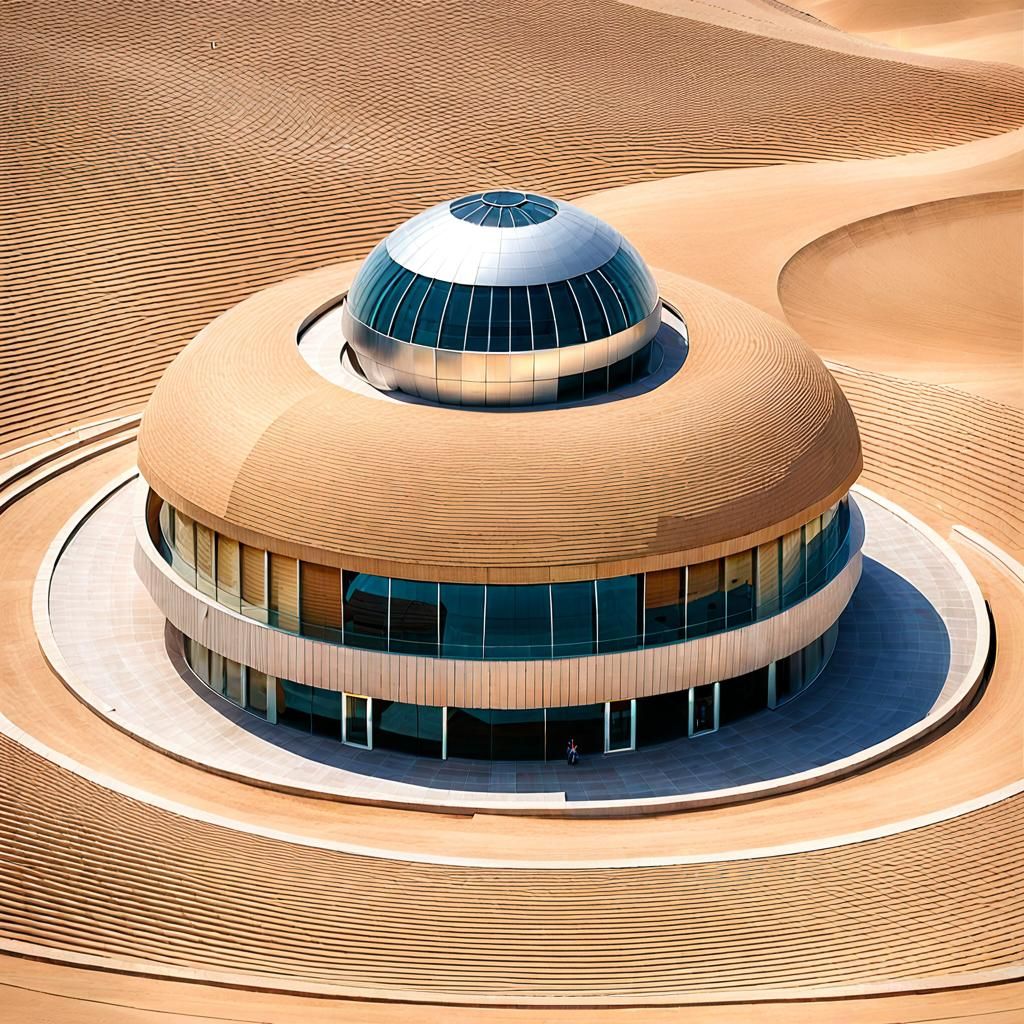 Minimalist Architecture with Twin Domes in Desert Landscape