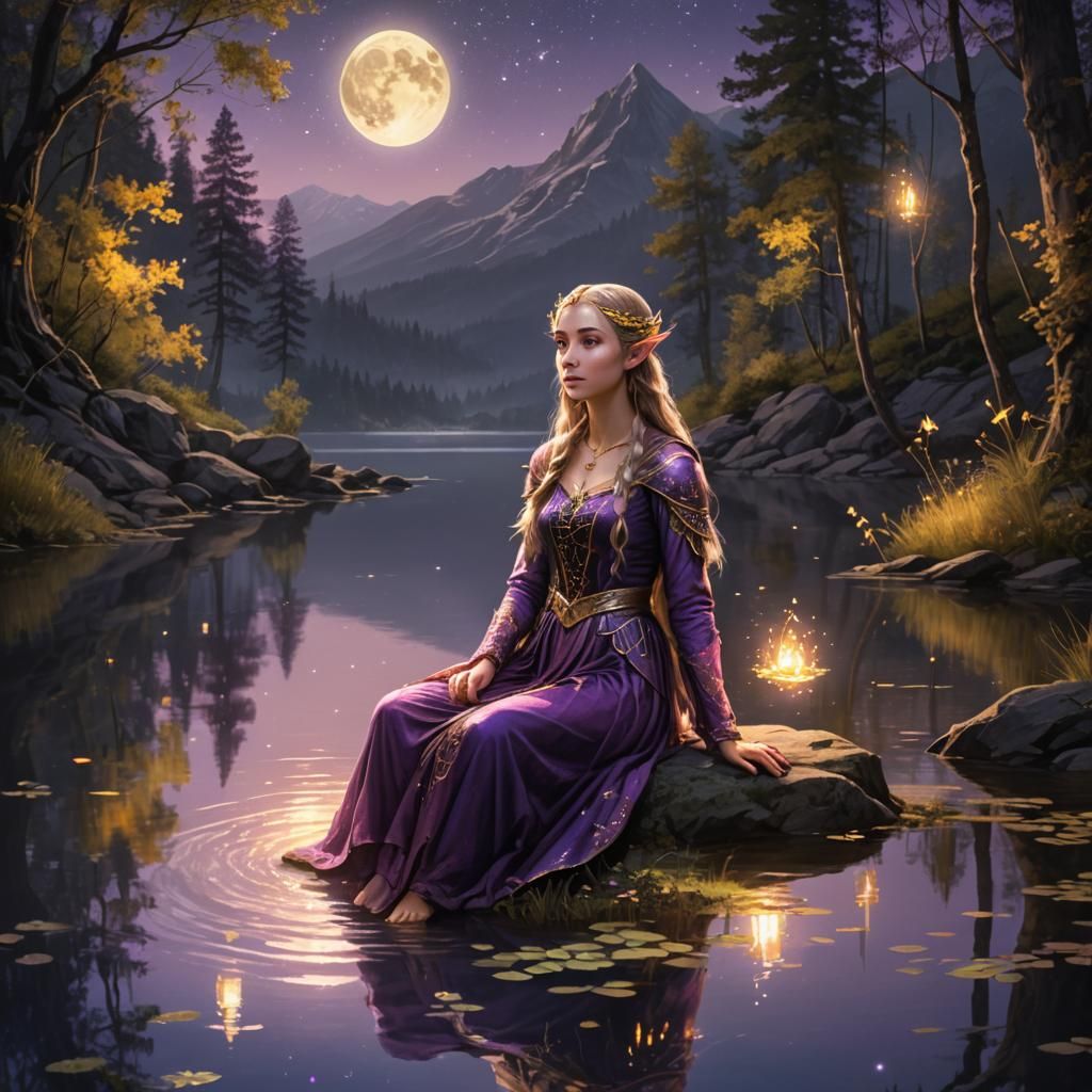 Elven Beauty Reflecting in Moonlit Lake