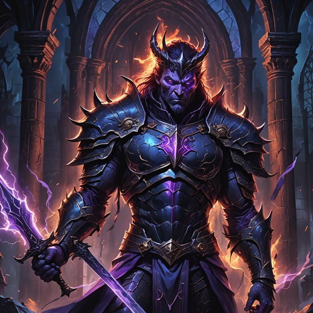 Demonic King with Sword in Fiery Purple Aura