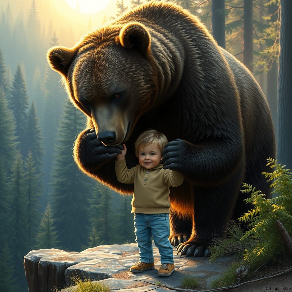 Grizzly Bear Protects Child in Forest Landscape