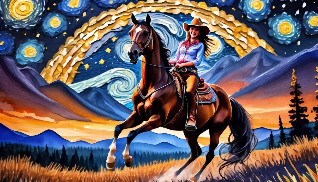 Cowgirl on Horse in Starry Night Gouache Style