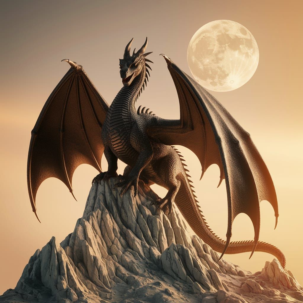 Majestic Black Dragon perches atop a mountain peak