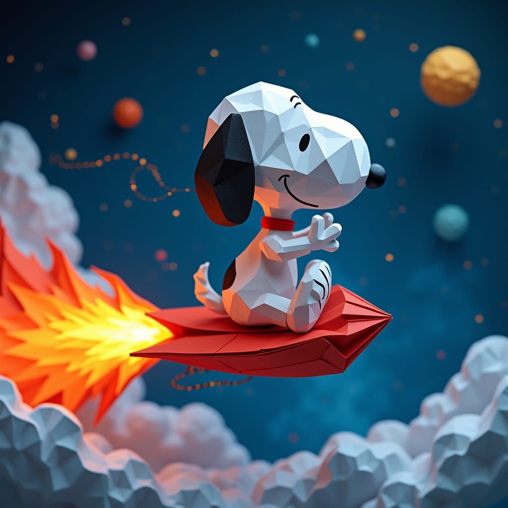 Snoopy Rides a Celestial Comet in Vibrant Origami Style