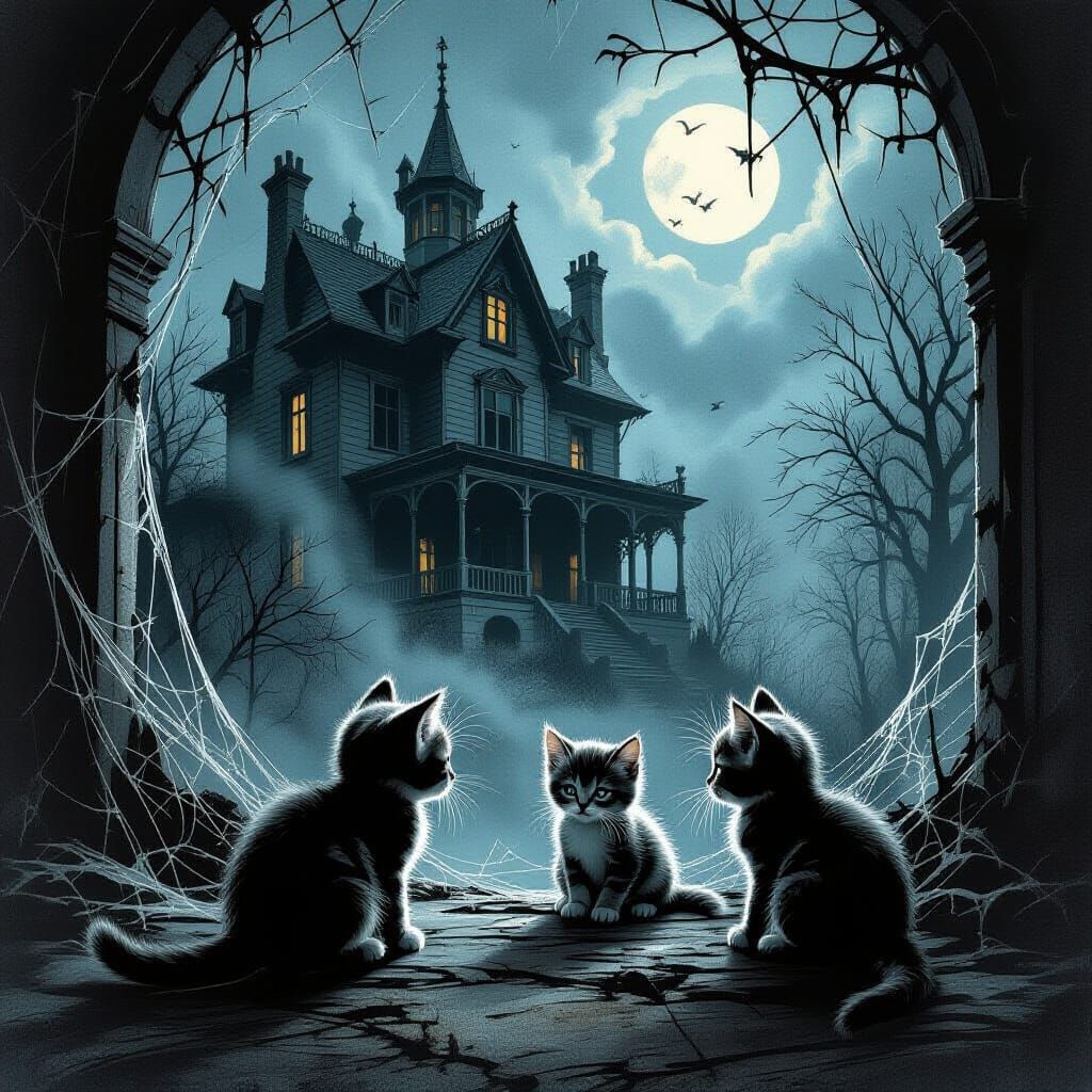 Kittens Explore Haunted Mansion in Dark Style