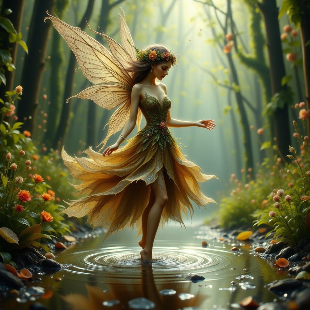 Whimsical Fairy Leaps in a Muddy Reflection