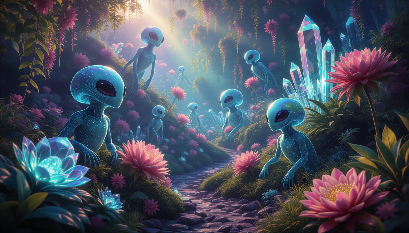 Surreal Cosmic Garden with Alien Life and Crystalline Struct...