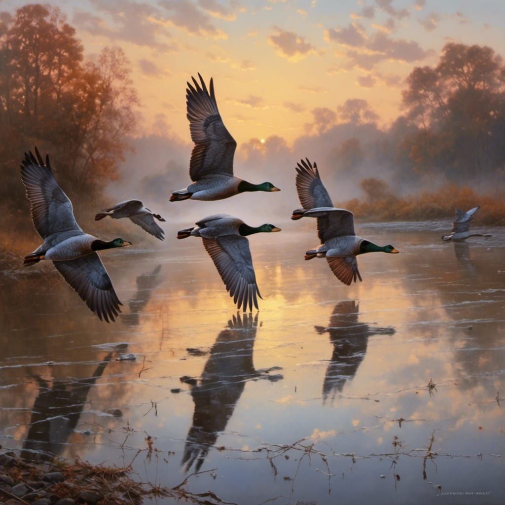 Geese Fly Over River at Golden Sunrise