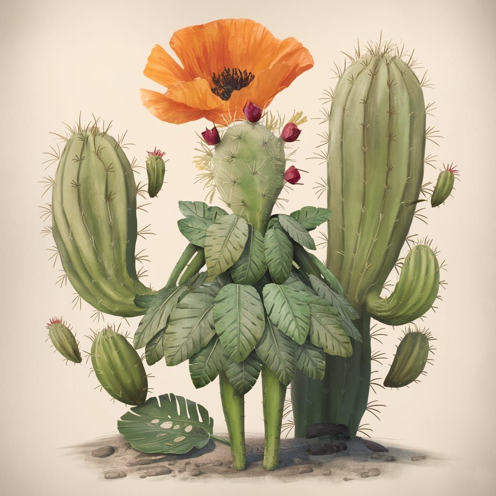 Surreal Botanical Wonderland with Cactus in Monstera Leaf Dr...