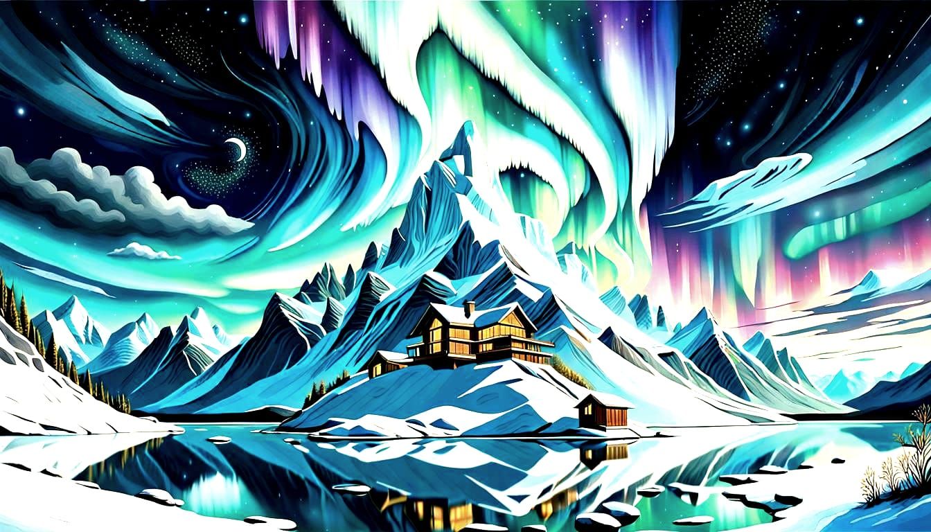 Aurora Borealis Illuminates Cloud House in Starry Night