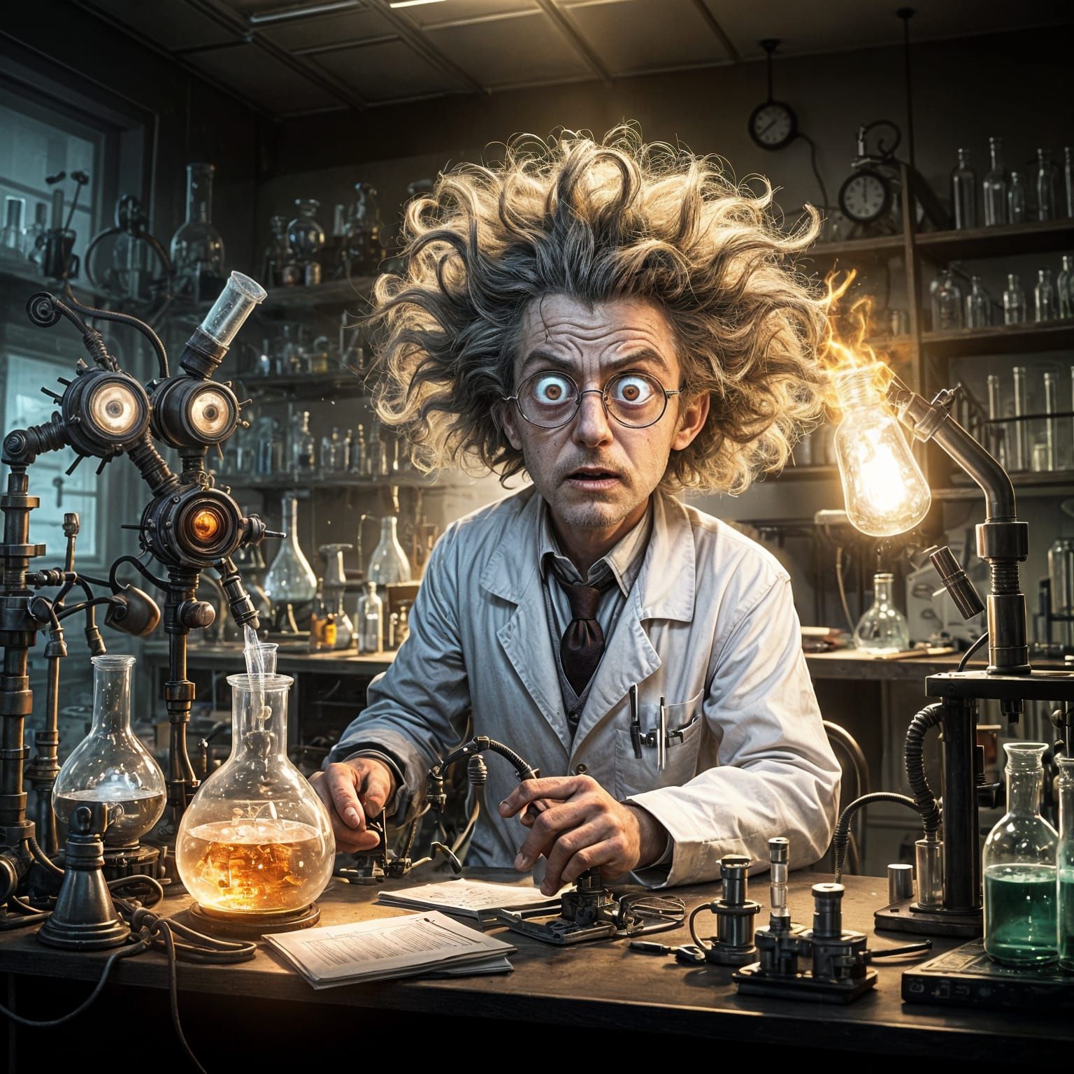 Mad Scientist in Dimly Lit Laboratory