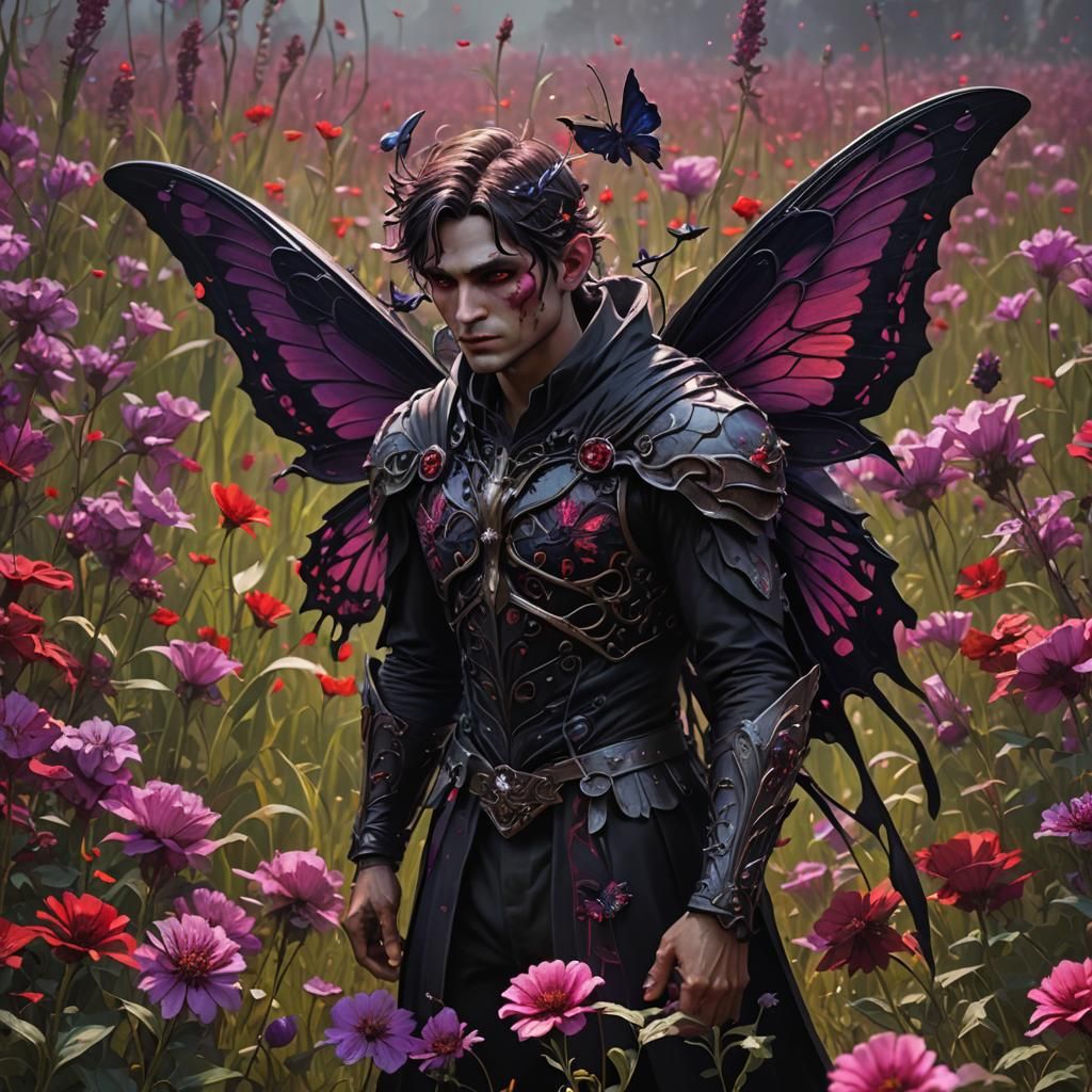 Gothic Dark Fae in Crimson Flower Field