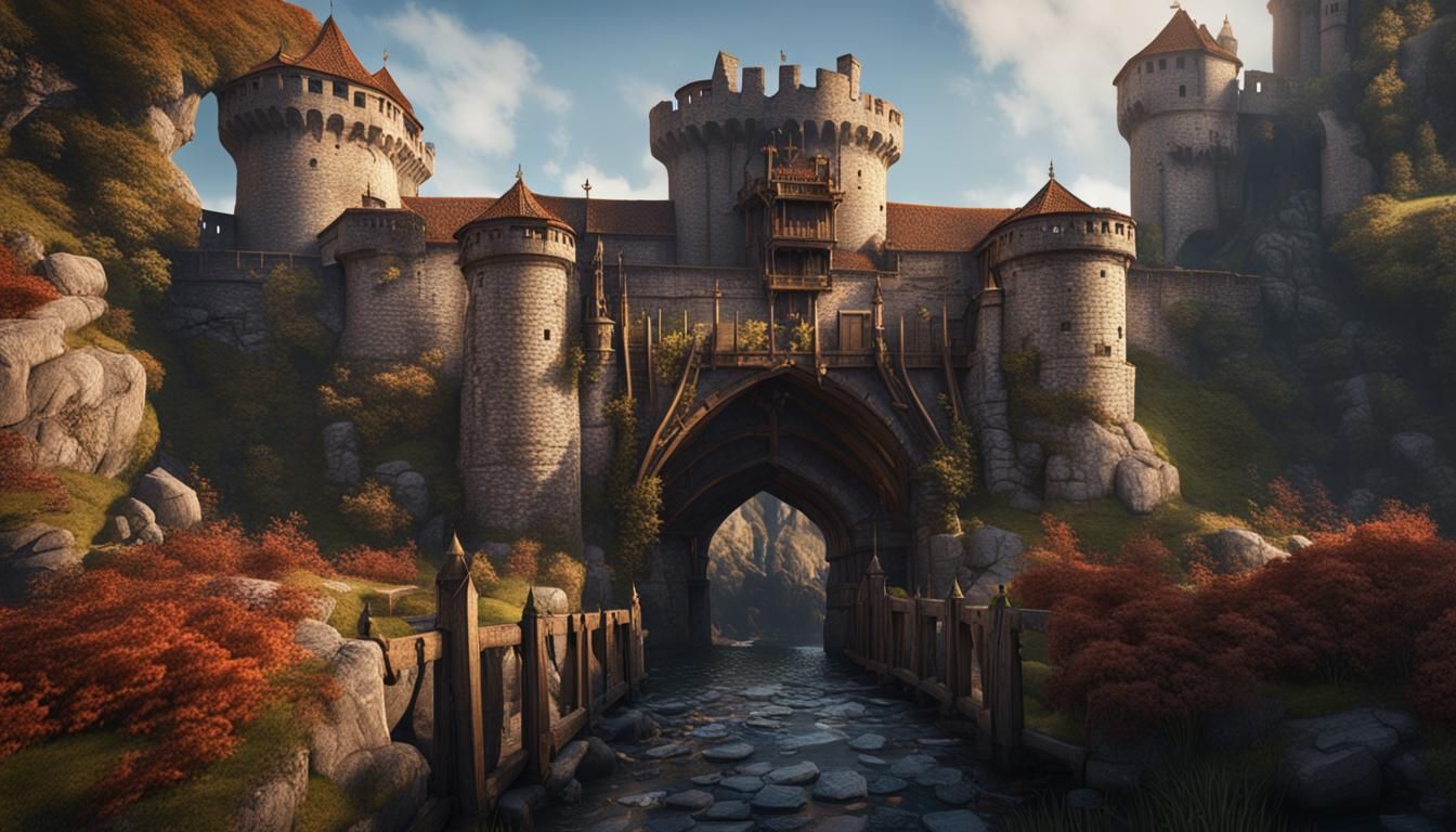 Medieval Castle Barbican and Drawbridge in Detailed Matte Pa...
