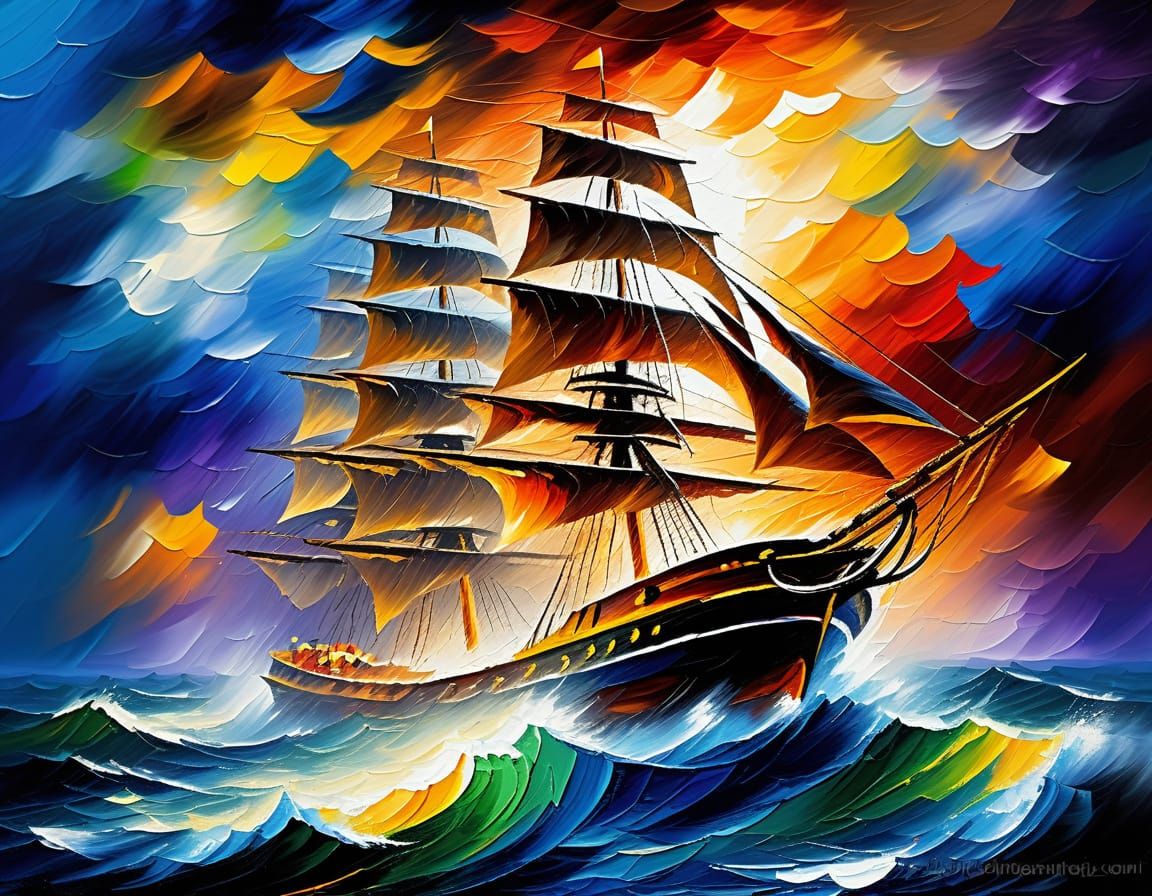 Wooden Ship Navigates Fierce Storm in Afremov Style