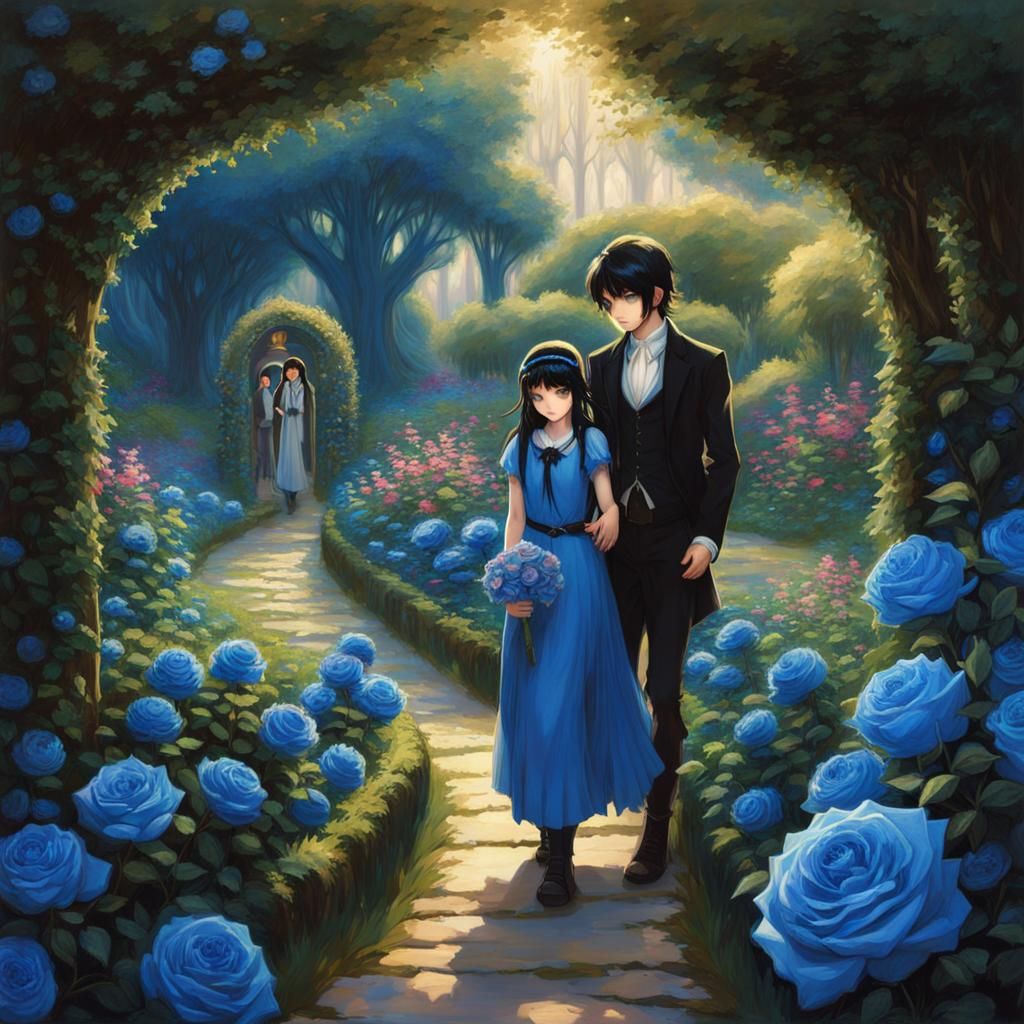 Fantasy Blue Rose Garden in Waterhouse Anime Style