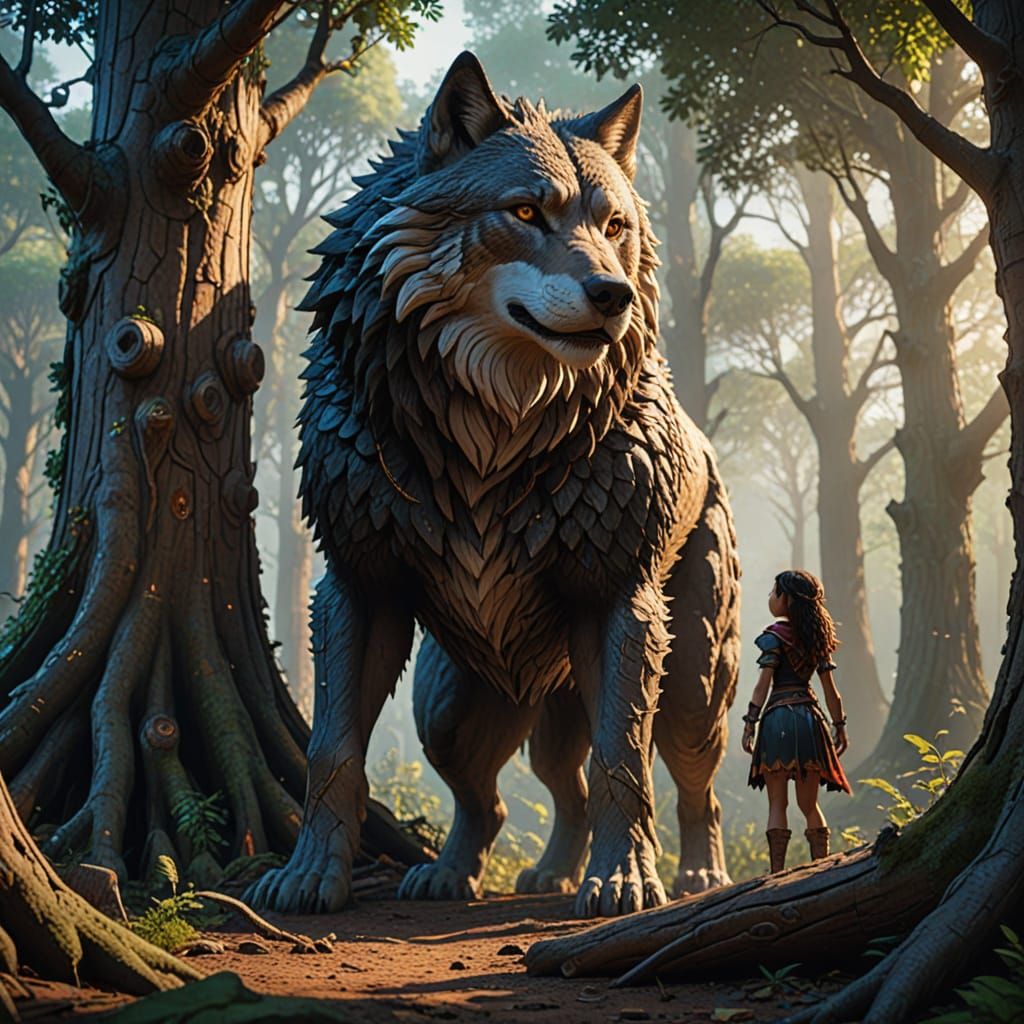 Epic Fantasy Princess Kaira in Wolf Form, Surrounded by Elem...