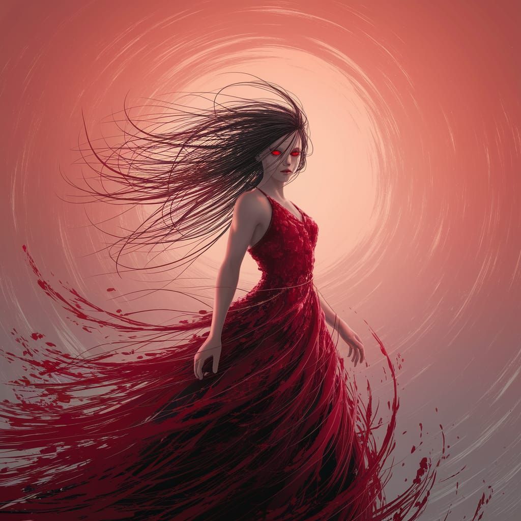 Crimson Dress Figure in Static Ink Style
