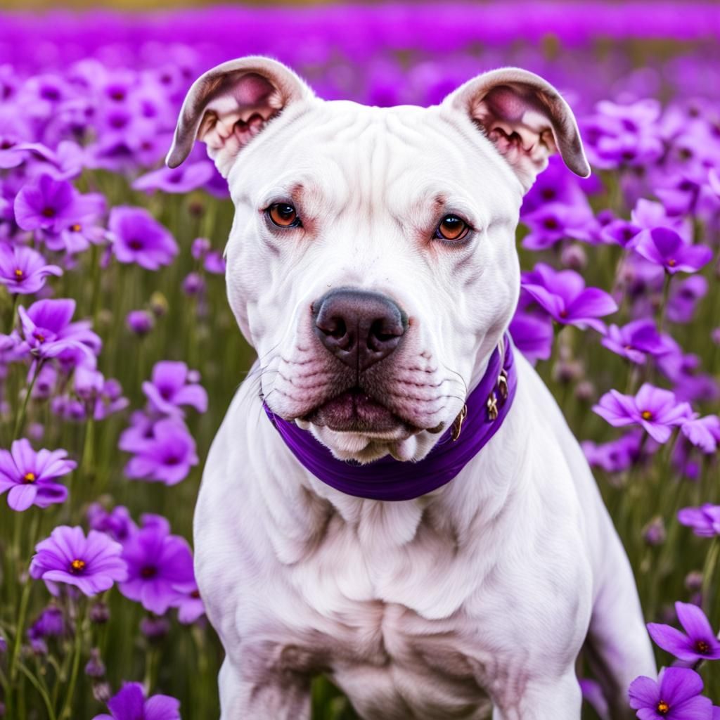 Pitbull Dog in Purple Flower Field