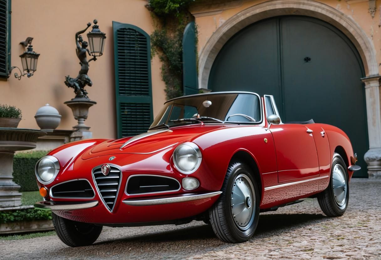 alfa romeo giulietta red in front of italian mansion