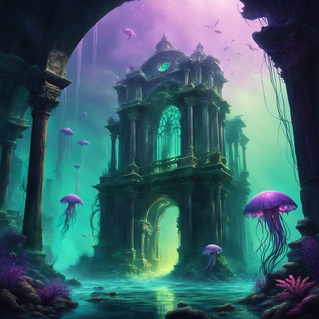 Submerged, Bioluminescent Metropolis in Dark Fantasy Style