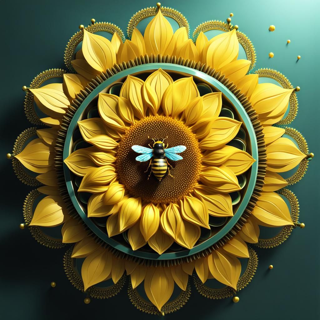 Detailed Surreal Mandala Sunflower with Bee