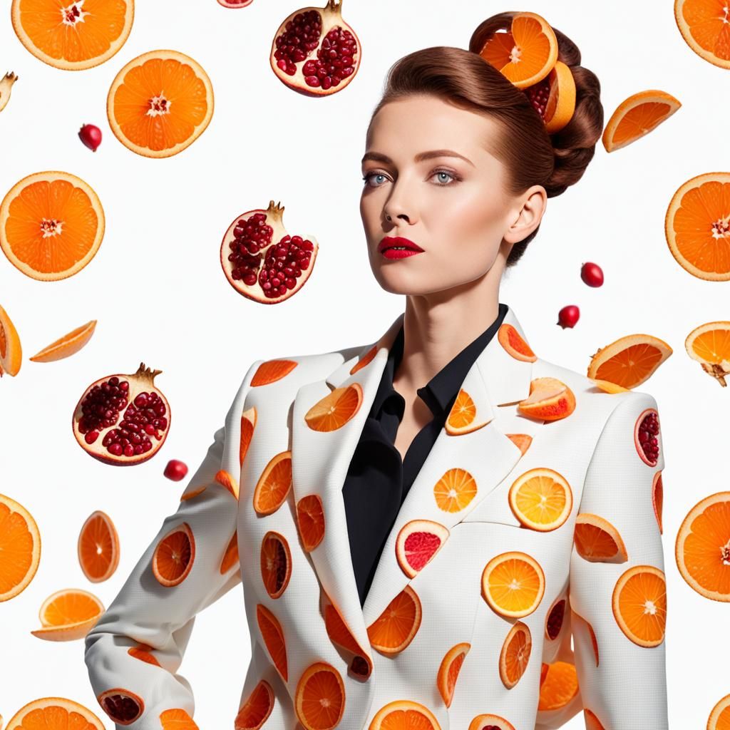 Confident Woman in Tutti-Frutti Power Suit