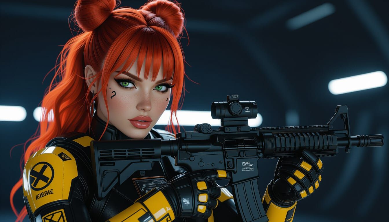 Woman with Orange Hair in Cyberpunk Combat Suit