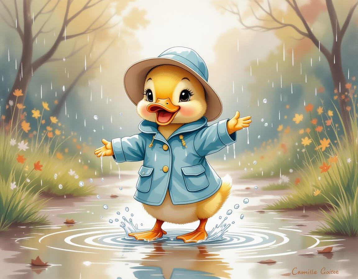 Dancing Duckling in Rainy Puddles, Watercolor Style
