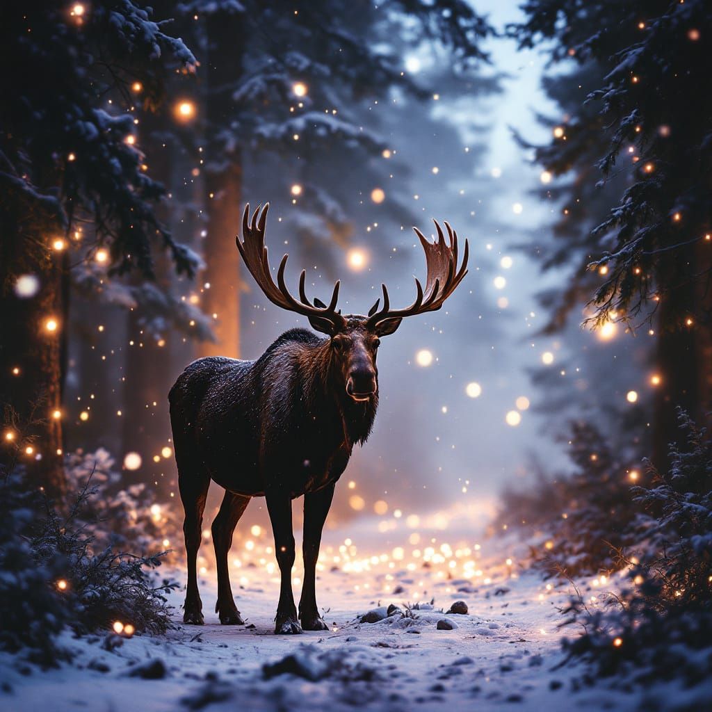 Majestic Moose in Ethereal Forest Radiating Light